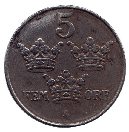 Монета 5 эре. 1918 год, Швеция. (Железо)