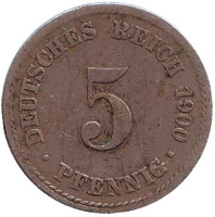 Монета 5 пфеннигов. 1900 год (А), Германская империя.