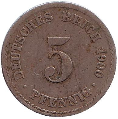 Монета 5 пфеннигов. 1900 год (А), Германская империя.