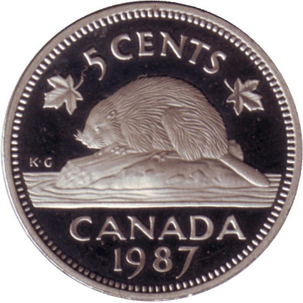 Монета 5 центов, 1987 год, Канада. Proof. Бобр.