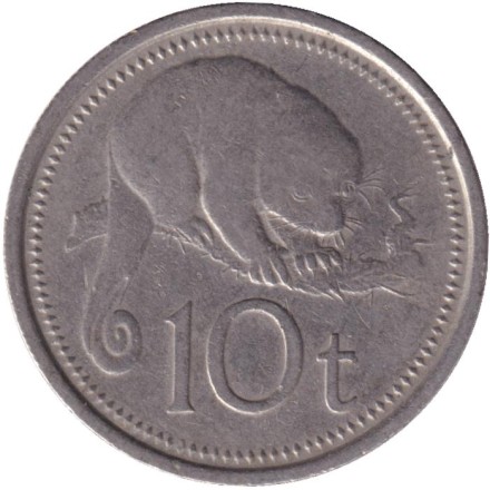 Монета 10 тойа. 1976 год, Папуа-Новая Гвинея. (Тип 1). Опоссум.