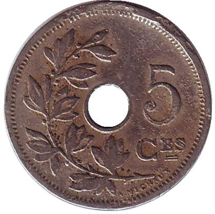 Монета 5 сантимов. 1907 год, Бельгия. (Belgique)