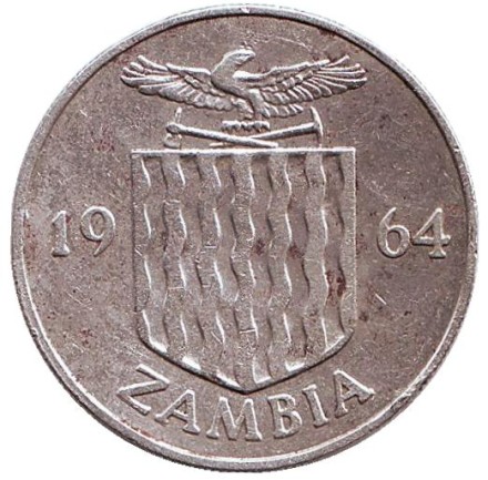 Монета 1 шиллинг. 1964 год, Замбия. Птица-носорог.