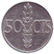 Монета 50 сентимо. 1966 год, Испания. (68 внутри звезды) Монета 50 сентимо. 1966 год, Испания. (68 внутри звезды)