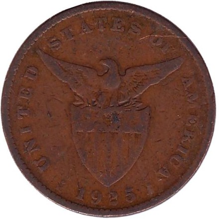 Монета 1 сентаво. 1925 год, Филиппины. Монета 1 сентаво. 1925 год, Филиппины.