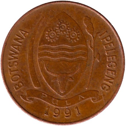 Монета 5 тхебе. 1991 год, Ботсвана. Птица-носорог. Монета 5 тхебе. 1991 год, Ботсвана. Птица-носорог.