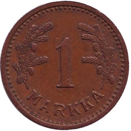 Монета 1 марка. 1943 год (медь), Финляндия.