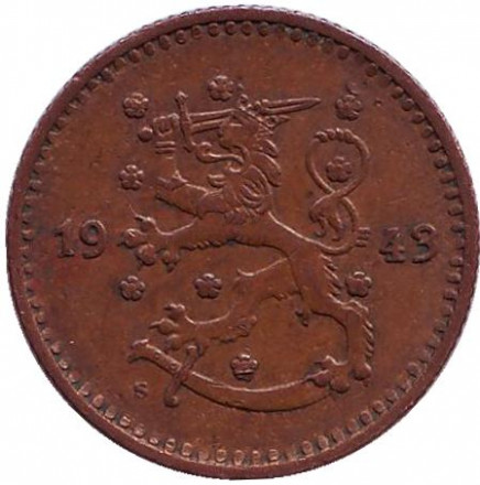 Монета 1 марка. 1943 год (медь), Финляндия.