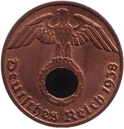 Монета 1 рейхспфенниг. 1938 год (J), Германия (Третий Рейх).