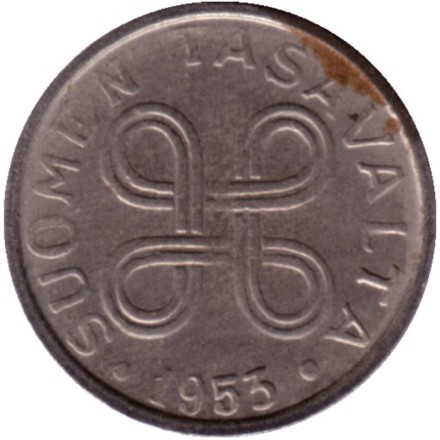 Монета 1 марка. 1953 год, Финляндия. Железо покрытое никелем. Монета 1 марка. 1953 год, Финляндия. Железо покрытое никелем.