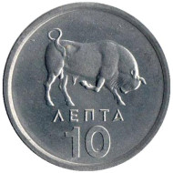 Монета 10 лепт. 1976 год, Греция. Бык. Монета 10 лепт. 1976 год, Греция. Бык.