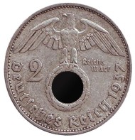 Монета 2 рейхсмарки. 1937 год, Германия (Третий Рейх). (A). Монета 2 рейхсмарки. 1937 год, Германия (Третий Рейх). (A).