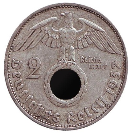 Монета 2 рейхсмарки. 1937 год, Германия (Третий Рейх). (A). Монета 2 рейхсмарки. 1937 год, Германия (Третий Рейх). (A).