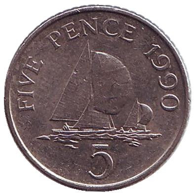 Монета 5 пенсов, 1990 год, Гернси. (диаметр - 18 мм) Парусники.