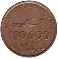 Монета 100000 лир. 1999 год, Турция. Монета 100000 лир. 1999 год, Турция.
