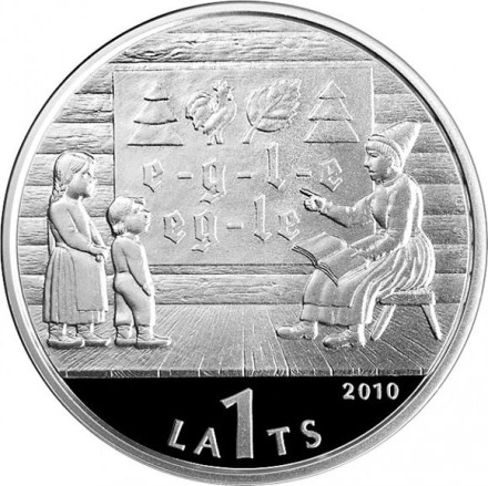 Монета 1 лат. 2010 год, Латвия. (Серебро) Петух. Латышская азбука.