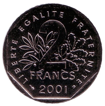 Монета 2 франка. 2001 год, Франция. BU.