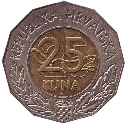 Монета 25 кун. 2000 год, Хорватия. Миллениум. Рождение нового тысячелетия. Монета 25 кун. 2000 год, Хорватия. Миллениум. Рождение нового тысячелетия.