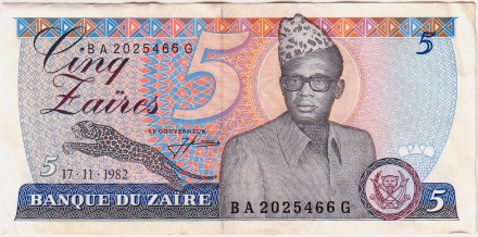 Банкнота 5 заиров. 1982 год, Заир. Мобуту Сесе Секо. Из обращения.