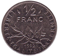 Монета 1/2 франка. 1992 год, Франция. Монета 1/2 франка. 1992 год, Франция.