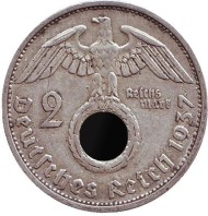 Монета 2 рейхсмарки. 1937 год, Германия (Третий Рейх). (F). Монета 2 рейхсмарки. 1937 год, Германия (Третий Рейх). (F).