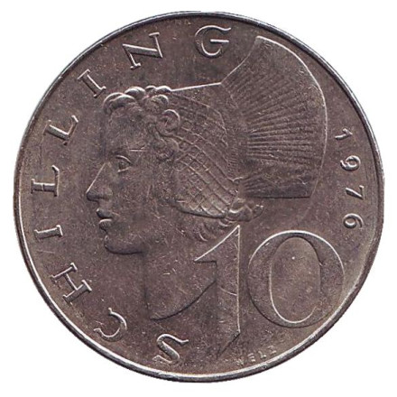 Монета 10 шиллингов. 1976 год, Австрия. Женщина из Вахау.