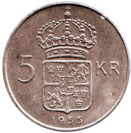 Монета 5 крон. 1955 год, Швеция. Монета 5 крон. 1955 год, Швеция.