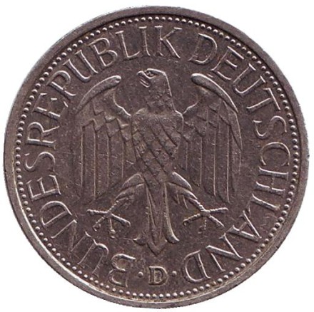 Монета 1 марка. 1986 год (D), ФРГ. Монета 1 марка. 1986 год (D), ФРГ.