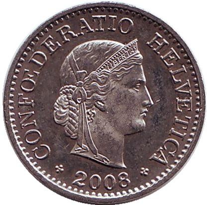 Монета 10 раппенов. 2008 год, Швейцария.