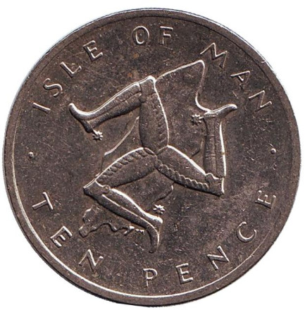 Монета 10 пенсов. 1976 год, Остров Мэн. (Отметка "PM" на обеих сторонах монеты) Трискелион.