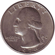 Монета 25 центов. 1974 (D) год, США. Вашингтон. Монета 25 центов. 1974 (D) год, США. Вашингтон.