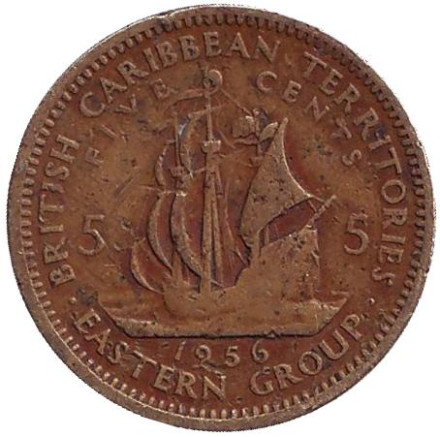 Монета 5 центов. 1956 год, Восточно-Карибские государства. Галеон "Золотая лань" сэра Френсиса Дрейка.