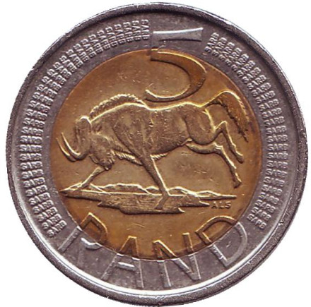 Монета 5 рандов. 2011 год, ЮАР. Антилопа гну.