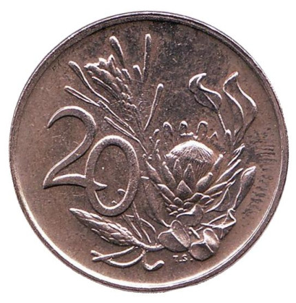 Монета 20 центов. 1974 год, ЮАР. UNC. Цветок протея.