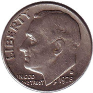 Монета 10 центов. 1978 (D) год, США. Рузвельт. Монета 10 центов. 1978 (D) год, США. Рузвельт.