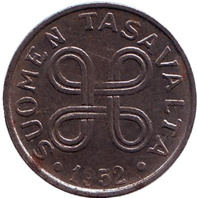 Монета 1 марка. 1952 год, Финляндия. (Новый тип)