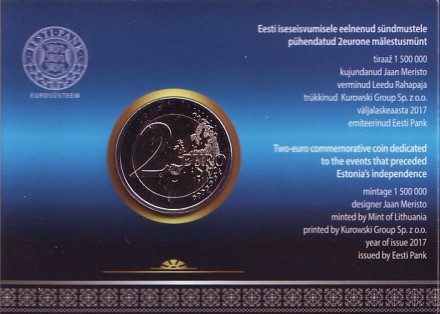 Монета 2 евро. 2017 год, Эстония. (в буклете) Путь Эстонии к независимости. (100-летие независимости).