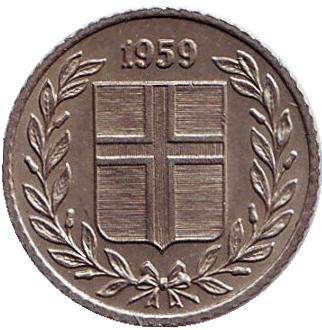Монета 10 аураров. 1959 год, Исландия.