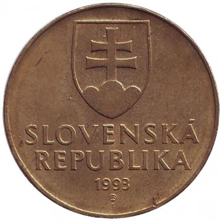 Монета 10 крон. 1993 год, Словакия. Бронзовый крест с выгравированными рисунками и орнаментом (Х – ХI вв.).