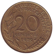 Монета 20 сантимов. 1989 год, Франция.