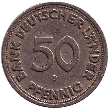 Монета 50 пфеннигов. 1949 (D) год, ФРГ. Женщина, сажающая дуб. Монета 50 пфеннигов. 1949 (D) год, ФРГ. Женщина, сажающая дуб.