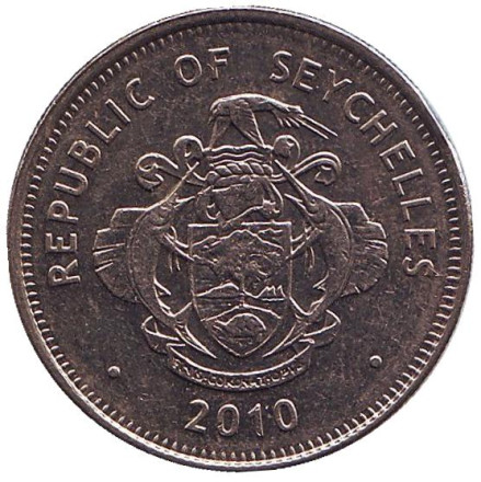 Монета 1 рупия. 2010 год, Сейшельские острова. (Немагнитная) Тритонов рог (Харония Тритон). Монета 1 рупия. 2010 год, Сейшельские острова. (Немагнитная) Тритонов рог (Харония Тритон).