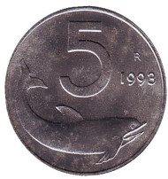 Монета 5 лир. 1993 год, Италия. Дельфин. Судовой руль. Монета 5 лир. 1993 год, Италия. Дельфин. Судовой руль.