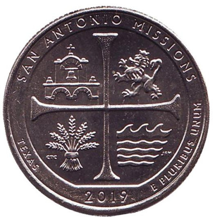 Монета 25 центов (D). 2019 год, США. Национальный Исторический Парк Миссии Сан-Антонио. Парк № 49.