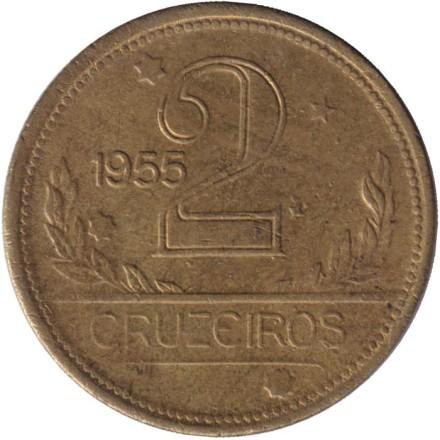 Монета 2 крузейро. 1955 год, Бразилия. Карта Бразилии.