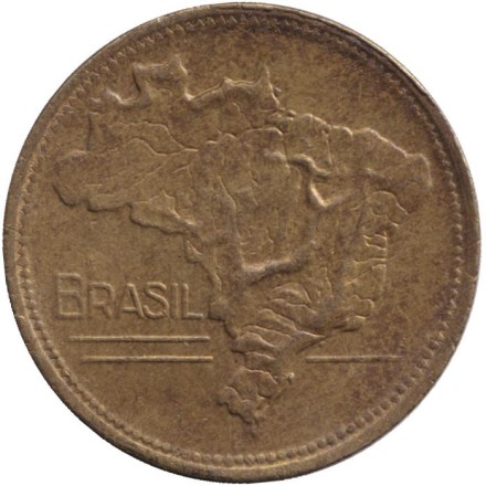 Монета 2 крузейро. 1955 год, Бразилия. Карта Бразилии.