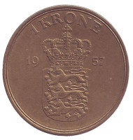 Монета 1 крона. 1957 год, Дания. Монета 1 крона. 1957 год, Дания.