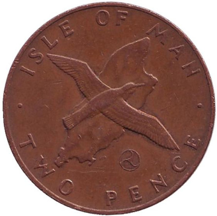 Монета 2 пенса. 1979 год, Остров Мэн. (Отметка "AС") Малый буревестник.