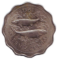 Монета 10 центов, 1968 год, Багамские острова. Рыбы. Монета 10 центов, 1968 год, Багамские острова. Рыбы.