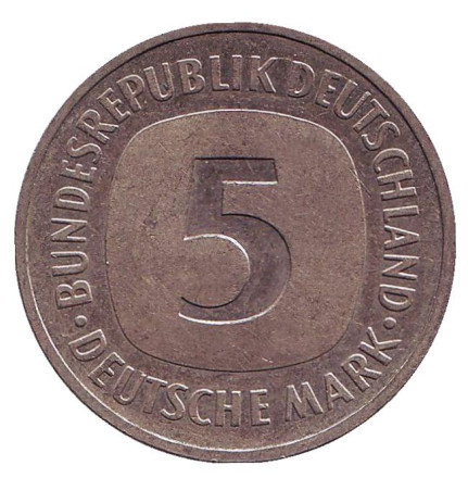 Монета 5 марок. 1992 год (G), ФРГ.